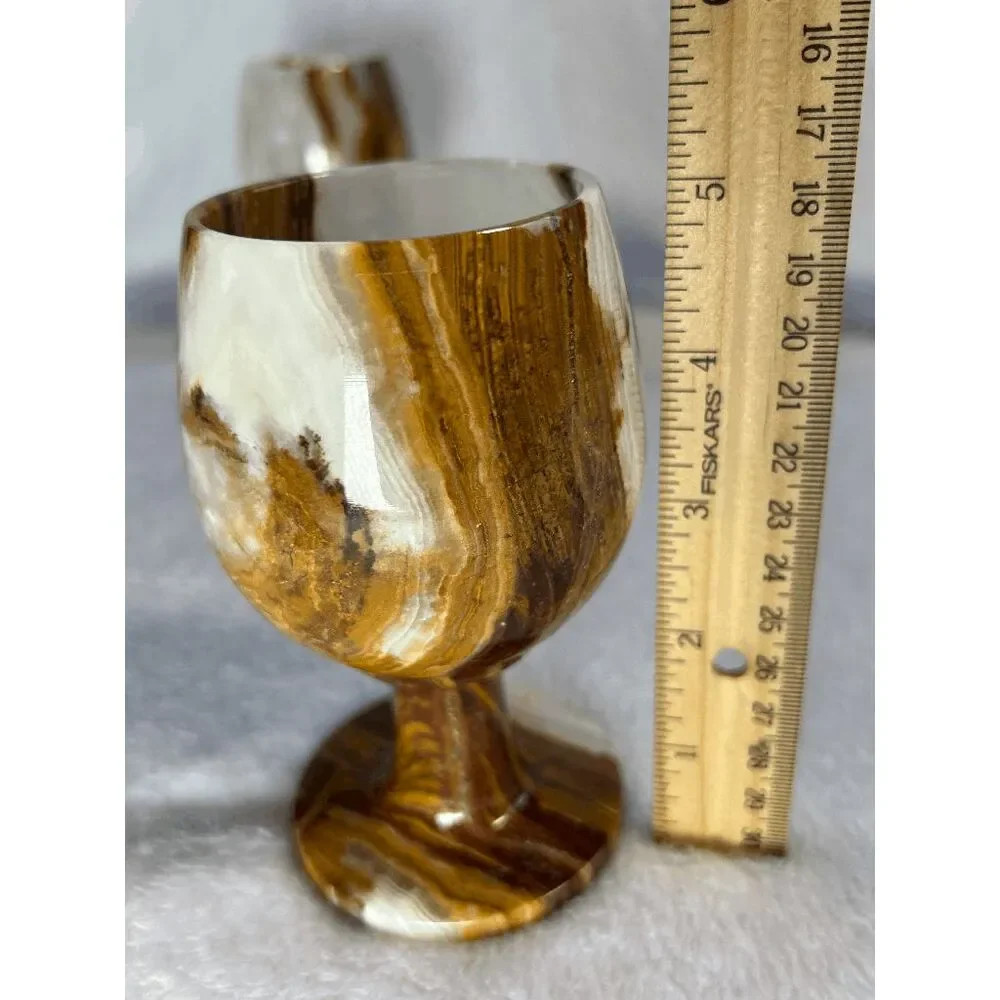 Marble Onyx Short Stem Wine Goblets, Set of Four, Cream/Brown Marbling
